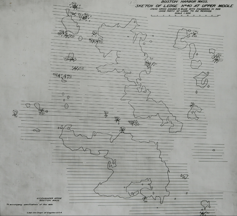 An Army Corps of Engineers overhead sketch of Graves Ledge, prior to construction of the lighthouse, shows parts of the ledge to be removed. (Photo courtesy of the Massachusetts Historical Society)