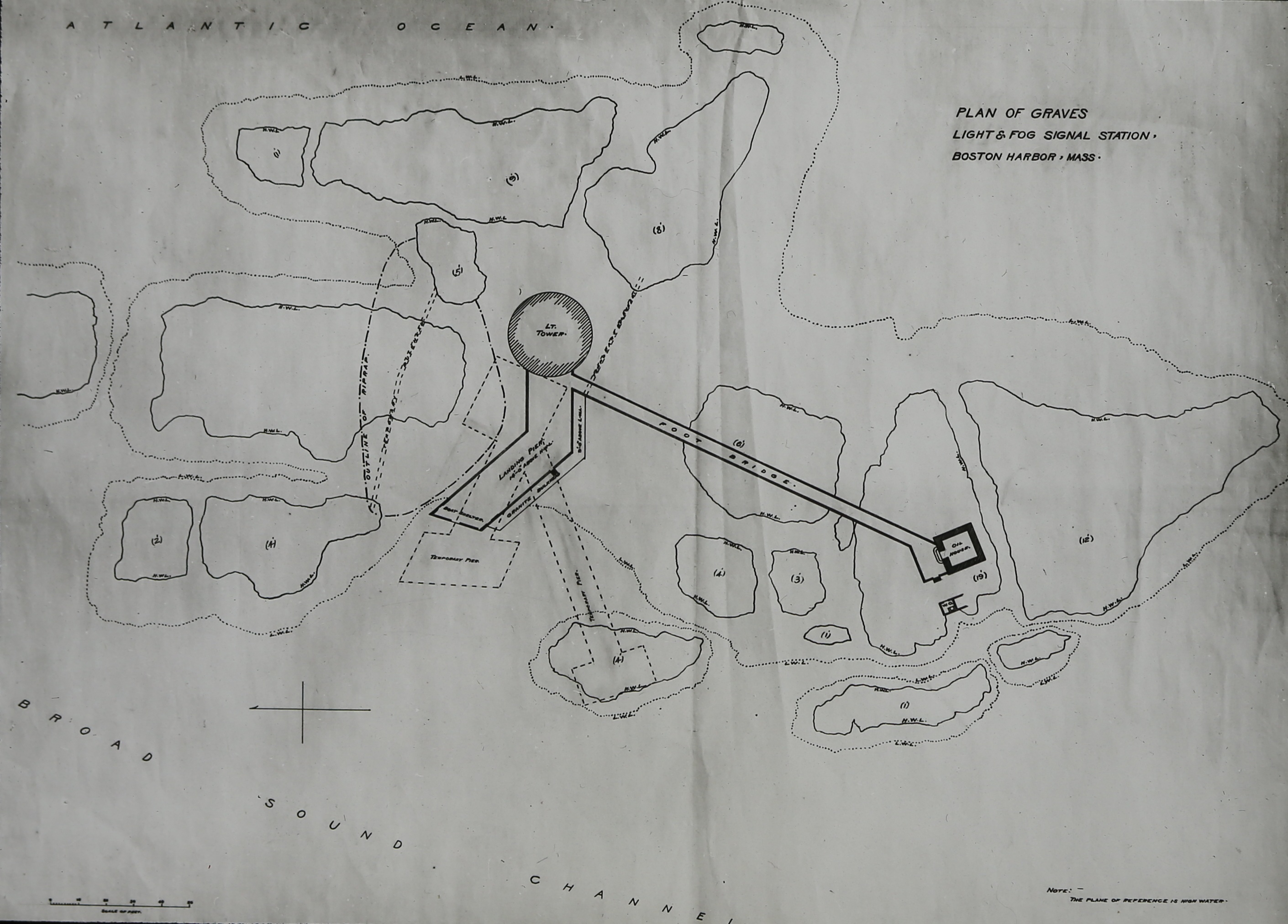 An image of the original Army engineers' plan for building the lighthouse and oil house on  Graves Ledge, joined by a 90-foot elevated catwalk. (Photo courtesy of the Massachusetts Historical Society)